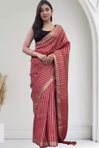 red striped linen saree