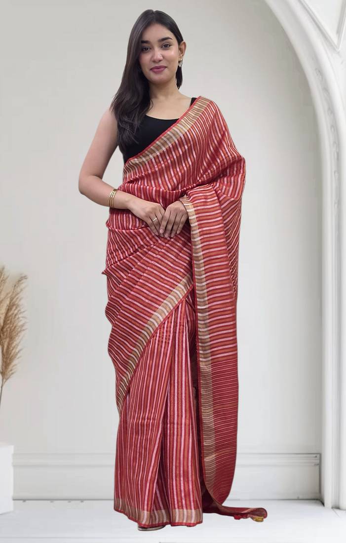 red striped linen saree