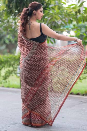 block printed red kota doria saree