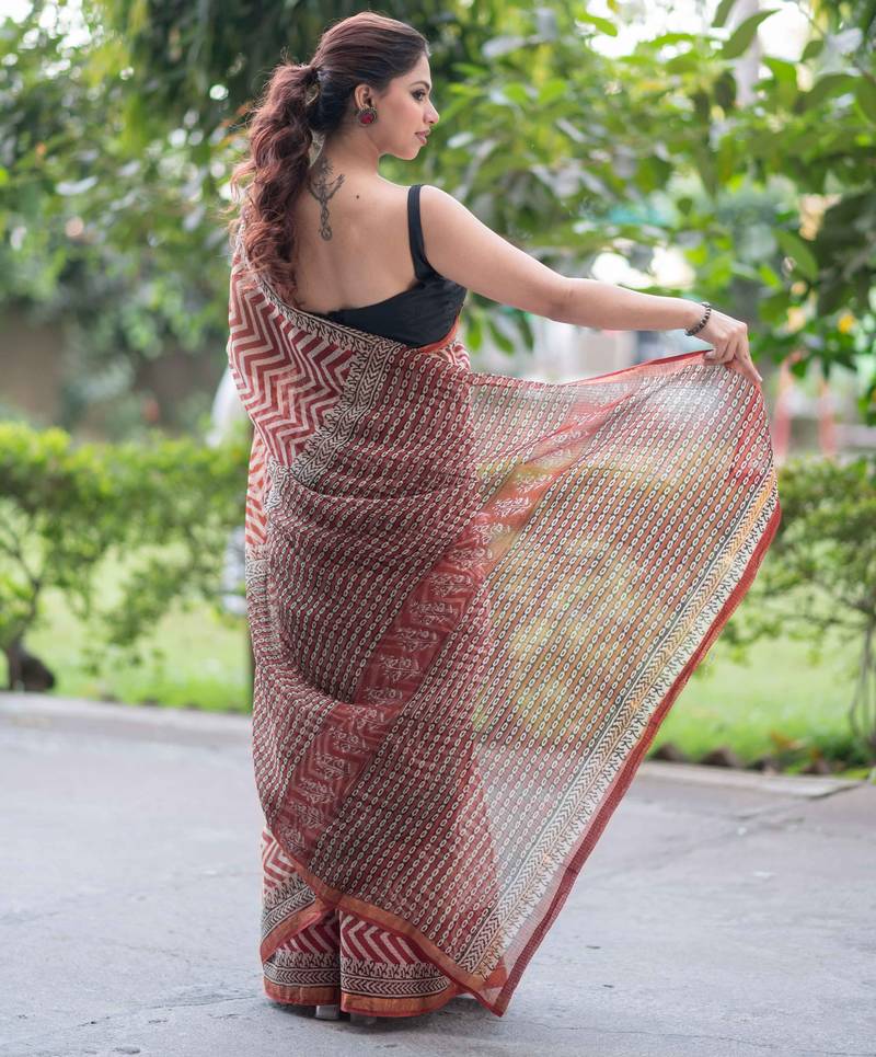 block printed red kota doria saree