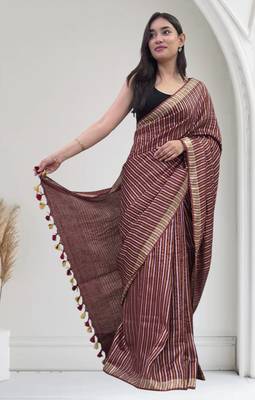 wine striped linen saree 3