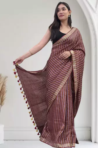 wine striped linen saree