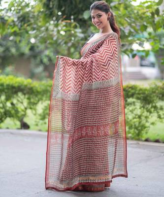 block printed red kota doria saree 2