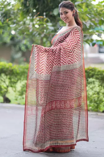block printed red kota doria saree