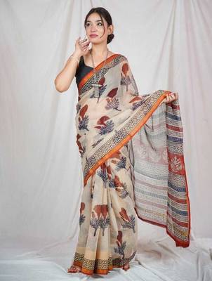 block printed beige kota doria saree 1