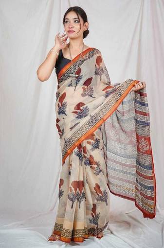 block printed beige kota doria saree