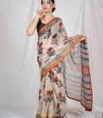 block printed beige kota doria saree