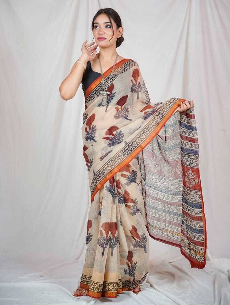 block printed beige kota doria saree