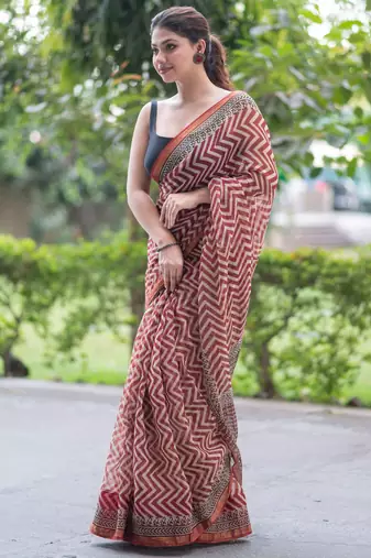 block printed red kota doria saree