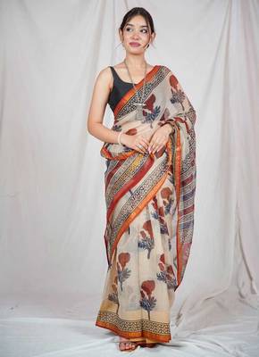 block printed beige kota doria saree 2
