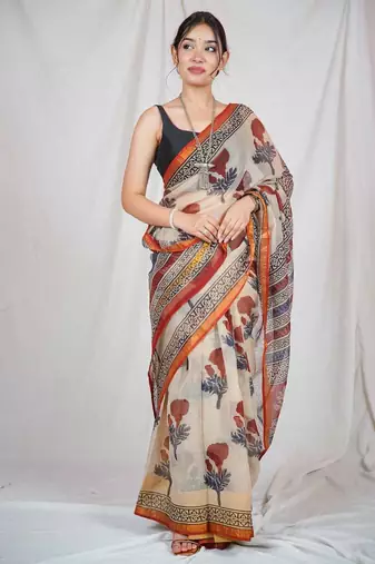 block printed beige kota doria saree