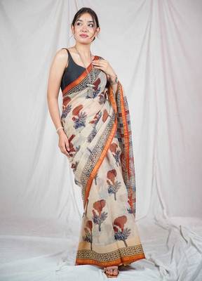 block printed beige kota doria saree 3