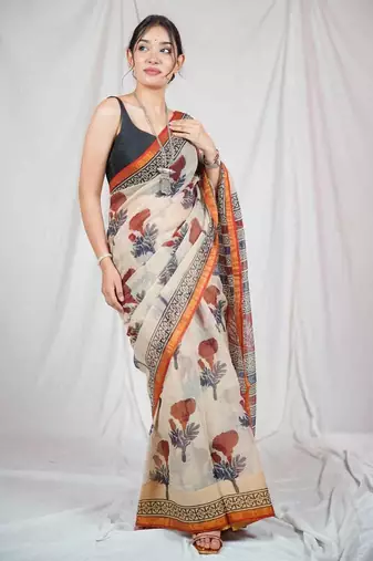 block printed beige kota doria saree