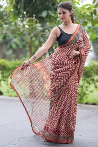 block printed red kota doria saree