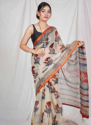block printed beige kota doria saree 4