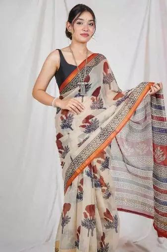 block printed beige kota doria saree