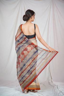 block printed beige kota doria saree 5