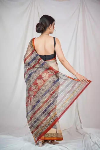 block printed beige kota doria saree