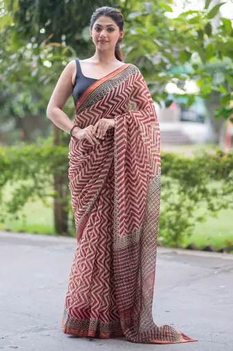 block printed red kota doria saree