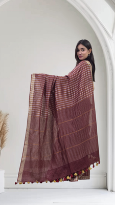 wine striped linen saree 4