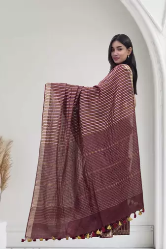 wine striped linen saree