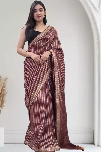 wine striped linen saree
