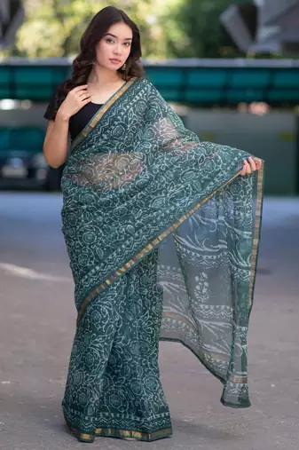 Olive whisper - green dabu kota doria saree with unstitched blouse