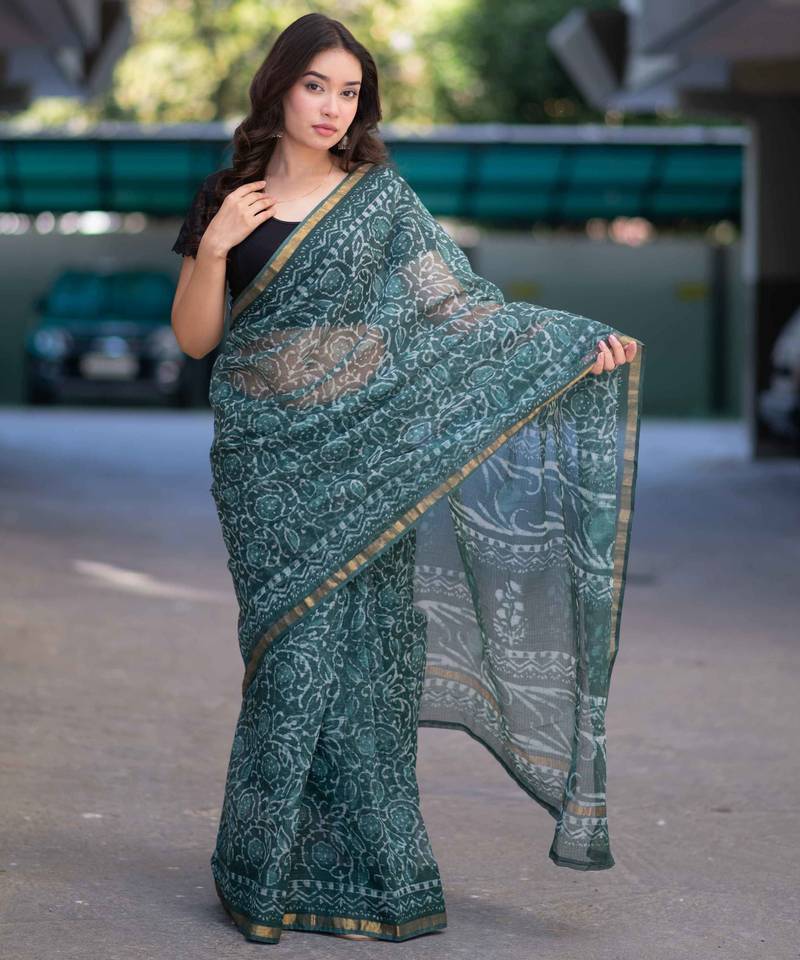 Olive whisper - green dabu kota doria saree with unstitched blouse