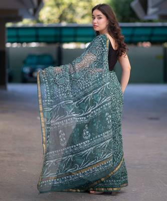 Olive whisper - green dabu kota doria saree with unstitched blouse 2