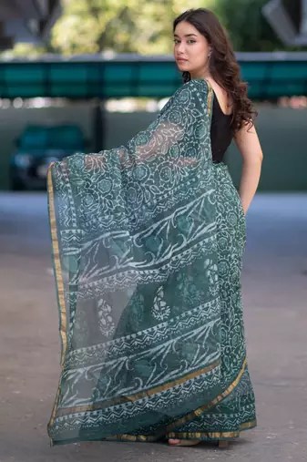 Olive whisper - green dabu kota doria saree with unstitched blouse