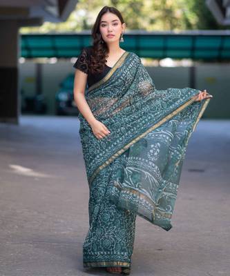 Olive whisper - green dabu kota doria saree with unstitched blouse 3