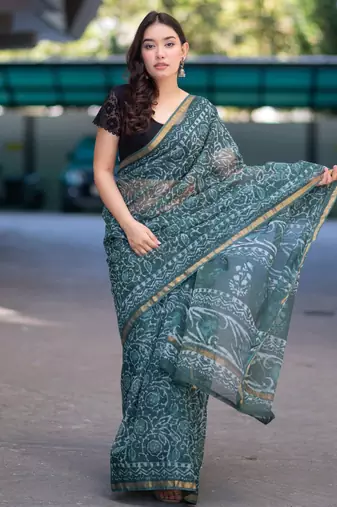 Olive whisper - green dabu kota doria saree with unstitched blouse