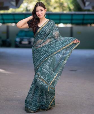 Olive whisper - green dabu kota doria saree with unstitched blouse 4