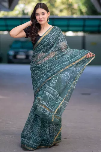 Olive whisper - green dabu kota doria saree with unstitched blouse