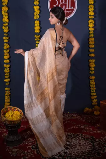 green striped linen saree with unstitched blouse