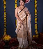 white golden linen saree with unstitched blouse