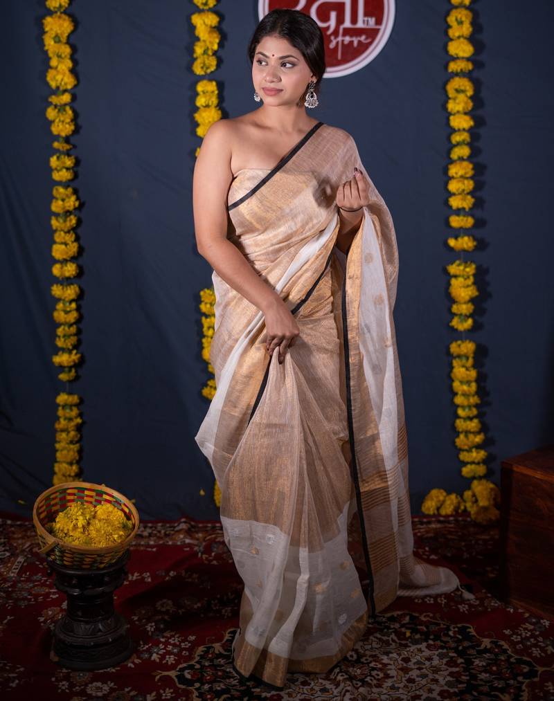 white golden linen saree with unstitched blouse