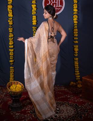 white golden linen saree with unstitched blouse 2