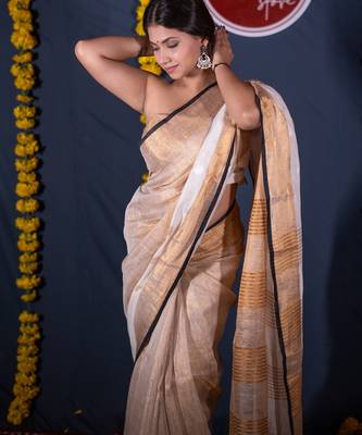 white golden linen saree with unstitched blouse 3
