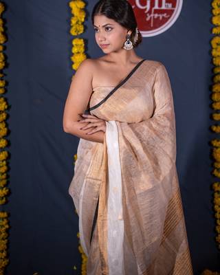 white golden linen saree with unstitched blouse 4