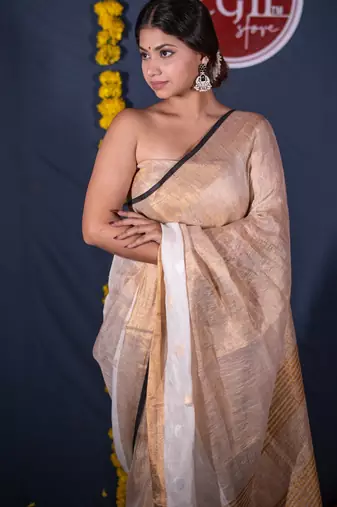 white golden linen saree with unstitched blouse