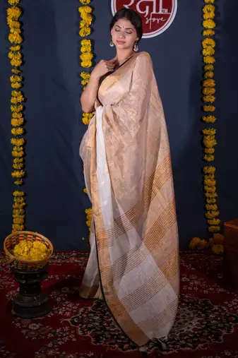 white golden linen saree with unstitched blouse