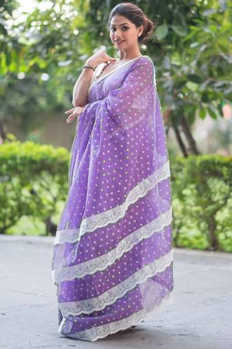 printed purple kota doria saree