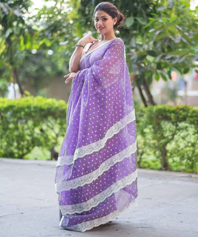 printed purple kota doria saree