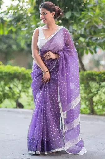 printed purple kota doria saree