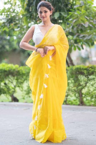 yellow embroidered kota doria saree