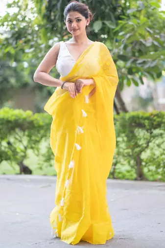 yellow embroidered kota doria saree