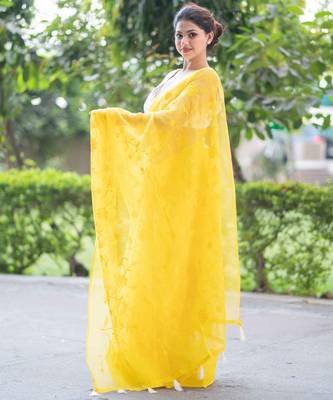 yellow embroidered kota doria saree 2