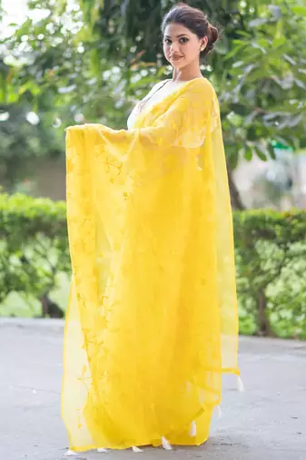 yellow embroidered kota doria saree