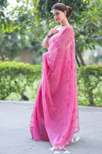 pink whisper embroidered kota doria saree